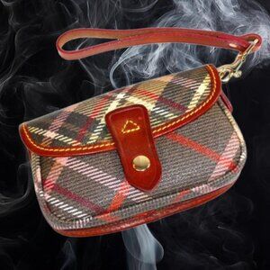 Dooney And Bourke Tartan Plaid Tan And Brown Leather Accent Wristlet